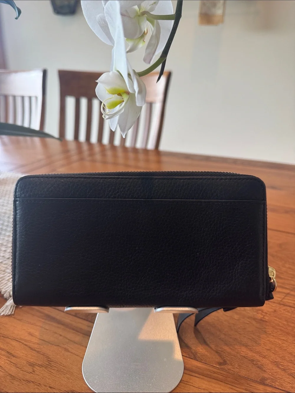 Kate Spade Black Pebbled Leather Zip-Around Wallet with Gold Spade Logo